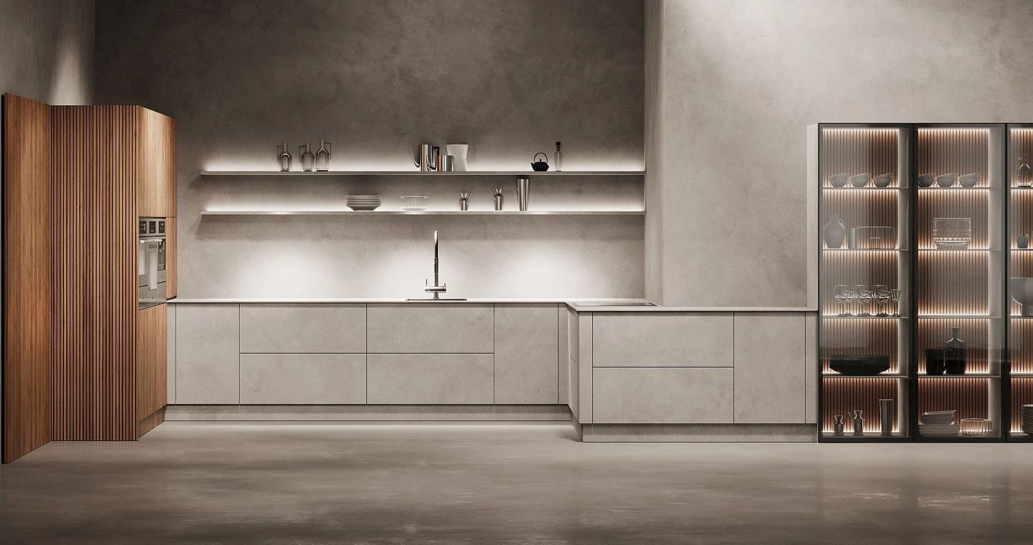 Кухня Futura Beton. Стиль: Современный. Материал: МДФ. Покрытие: Матовое. Обработка: Шпон, жидкий металл, микробетон. Silver Home